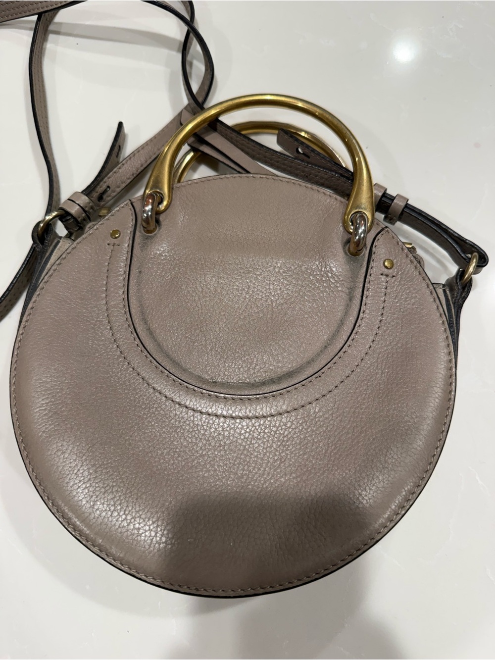 Chloé Taupe Round Leather Mini Bag with Gold Handle